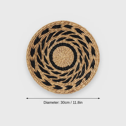 Dimensions graphic of a round tan woven basket with a black ring and black leaf-shaped weave, labeled Diameter 30cm / 11.8in
