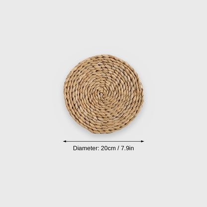 Dimensions graphic of a flat golden-tan coiled woven wall basket labeled Diameter 20cm / 7.9in