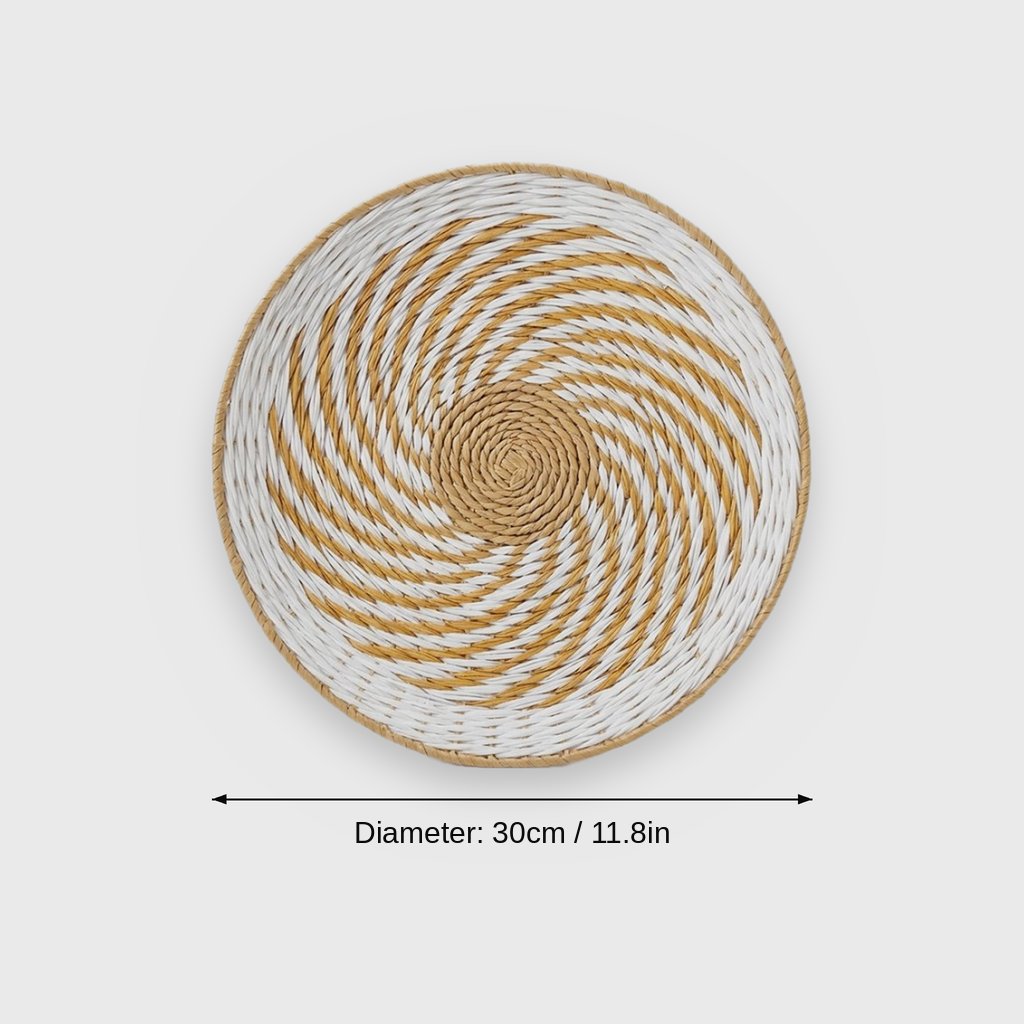 Dimensions graphic of a round white and golden-tan pinwheel woven basket labeled Diameter 30cm / 11.8in