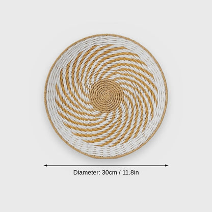 Dimensions graphic of a round white and golden-tan pinwheel woven basket labeled Diameter 30cm / 11.8in