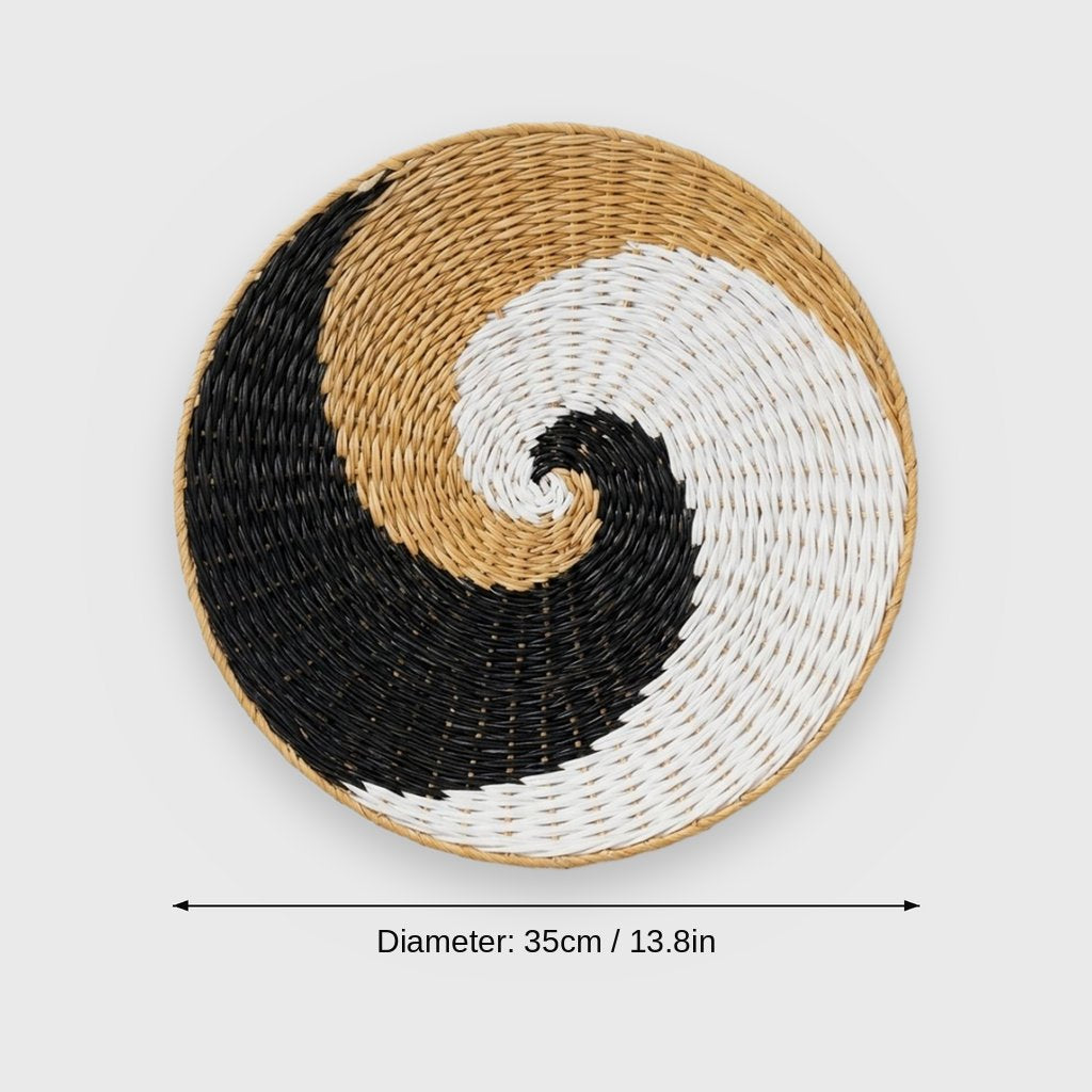 Dimensions graphic of a round black, white and tan swirl woven basket labeled Diameter 35cm / 13.8in