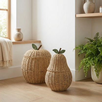 Handwoven harvest rattan storage basket in apple shape styled in a bathroom
