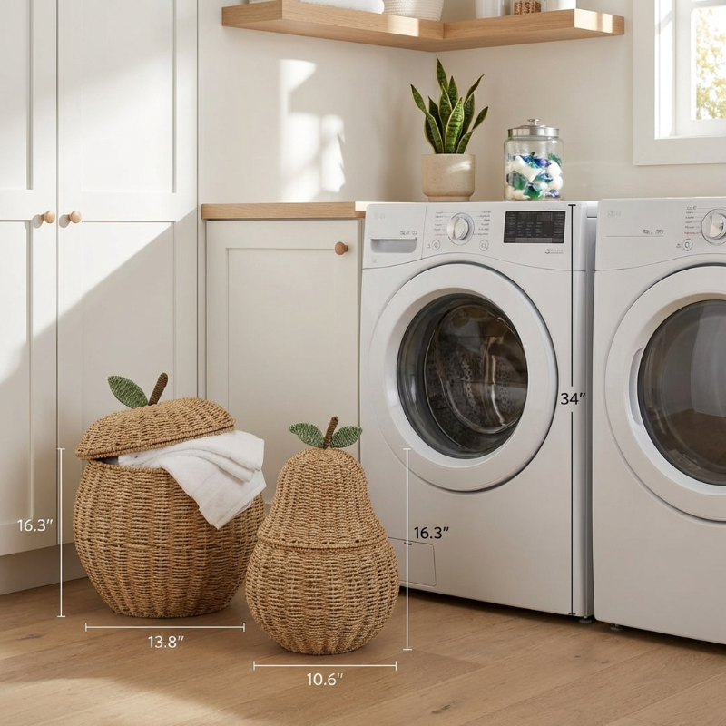 Decorative apple and pear shaped rattan baskets placed in a laundry room setting with measurements.