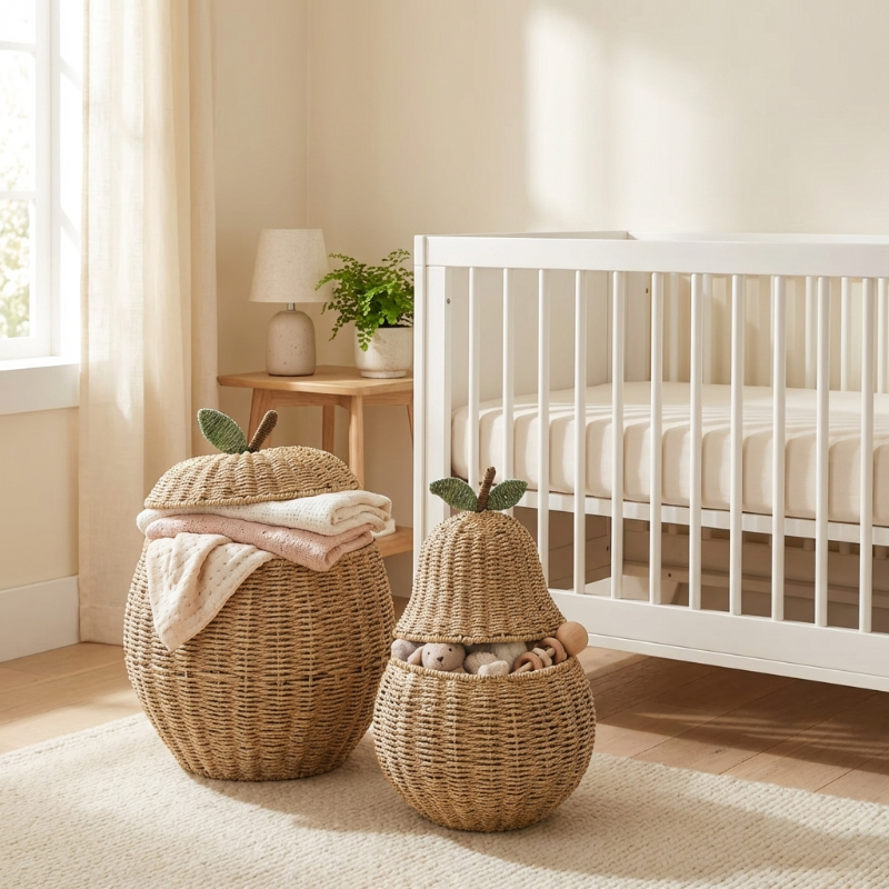 Decorative apple-shaped rattan basket placed in a modern nursery setting.