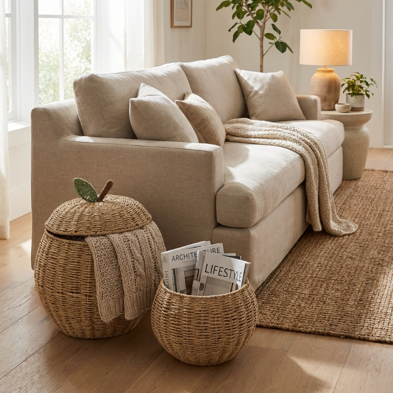 Natural rattan storage basket in apple shape for organizing living room essentials.