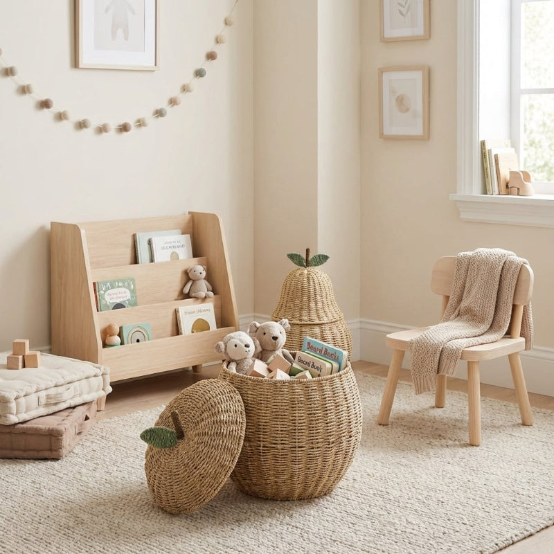 Apple-shaped rattan storage basket used for kids playroom organization.