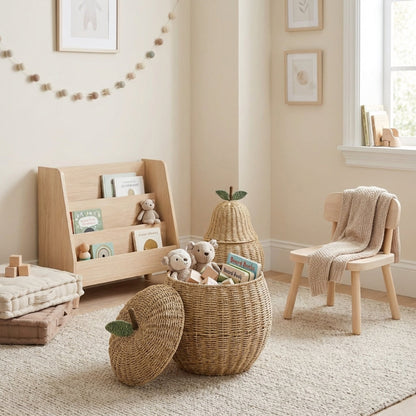 Apple-shaped rattan storage basket used for kids playroom organization.