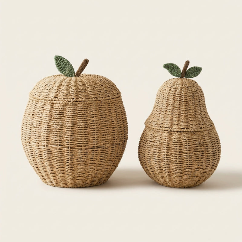 apple and pear shaped wicker versatile storage baskets.