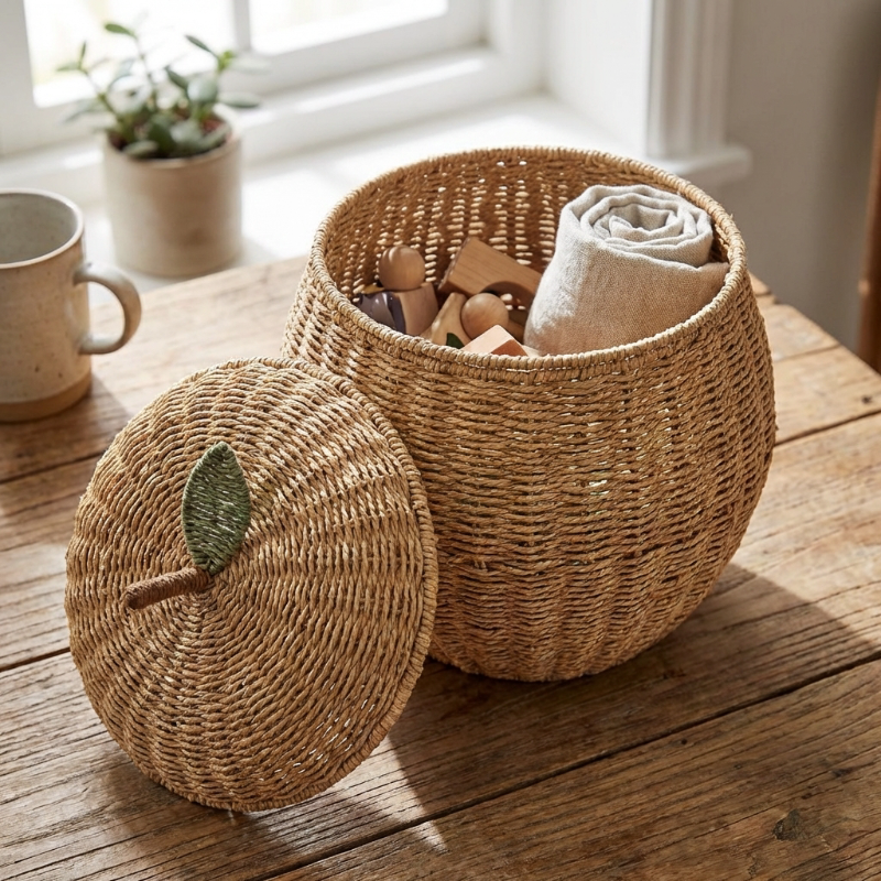 Decorative apple-shaped rattan basket placed in a modern home setting.