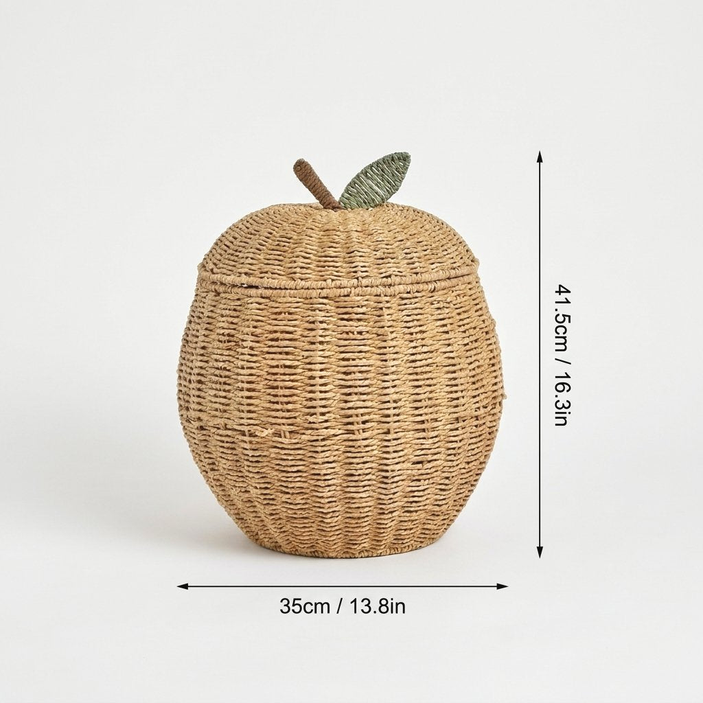 Apple-shaped woven rattan basket with dimensions labeled 41.5 cm (16.3 in) tall and 35 cm (13.8 in) wide