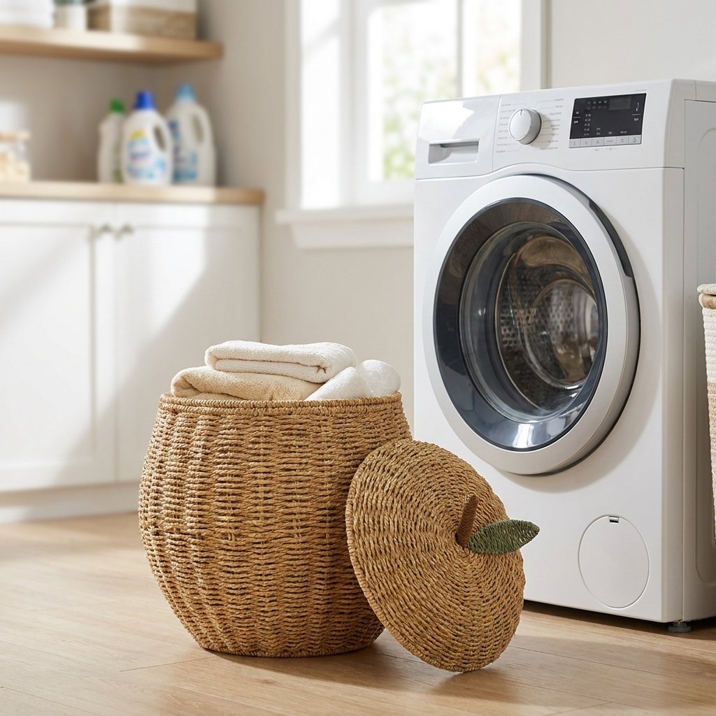 Apple-shaped woven rattan basket with its lid set aside holding folded cream and white towels in a laundry room