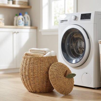 Apple-shaped woven rattan basket with its lid set aside holding folded cream and white towels in a laundry room
