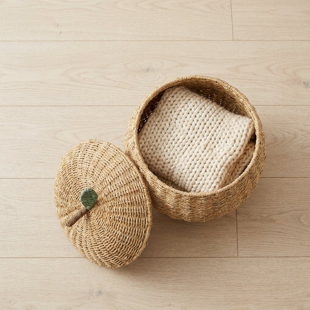 Overhead view of an open apple-shaped woven rattan basket holding a folded cream knit blanket beside its lid on a wood floor