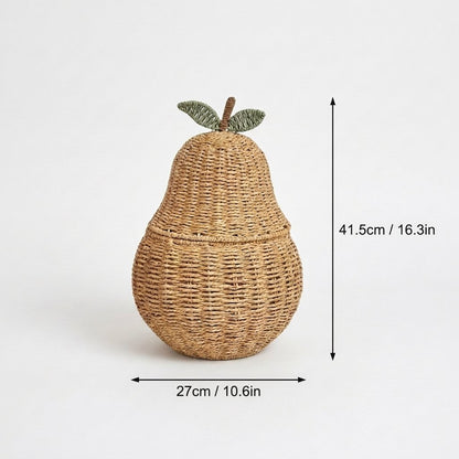 Pear-shaped woven rattan basket with dimensions labeled 41.5 cm (16.3 in) tall and 27 cm (10.6 in) wide
