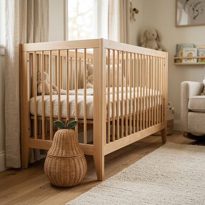 Pear-shaped woven rattan lidded basket with a brown stem and green leaves at the foot of a wooden crib in a nursery
