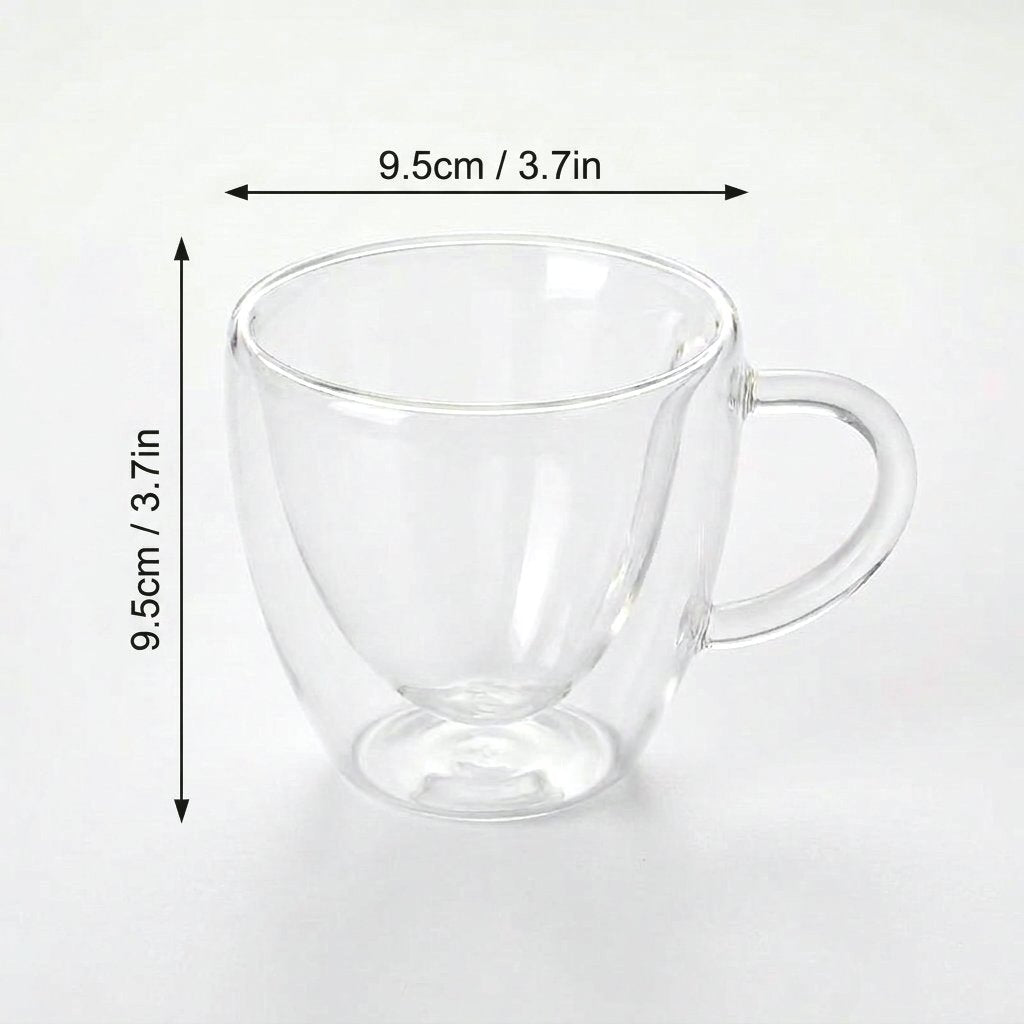 Large heart-shaped glass mug on a plain background with measurements marked: height 3.7 inches, width 3.7 inches