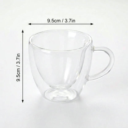 Large heart-shaped glass mug on a plain background with measurements marked: height 3.7 inches, width 3.7 inches