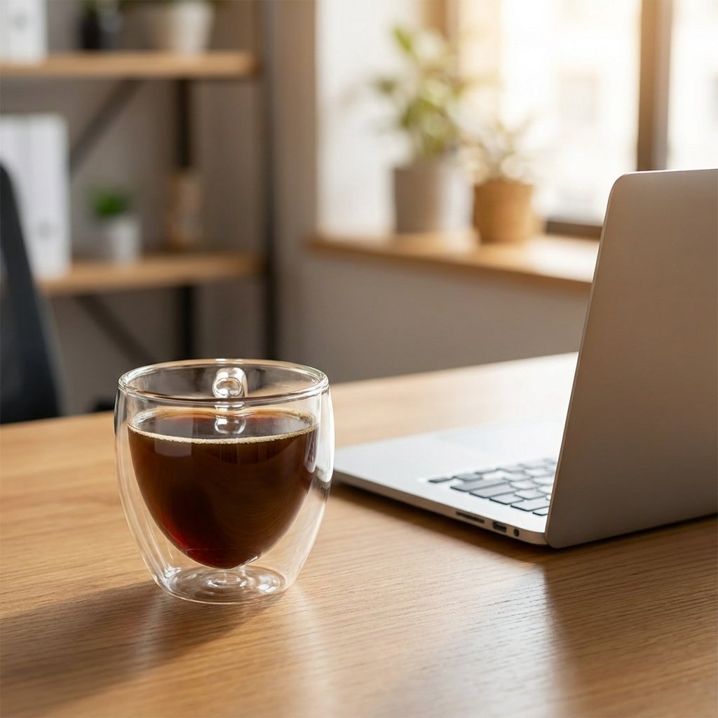 Heart-shaped glass mug filled with coffee on a wood desk beside an open laptop