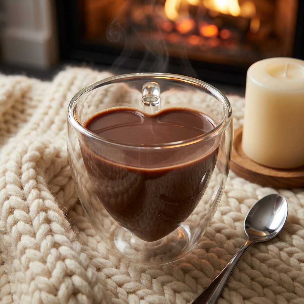 Heart-shaped glass mug filled with steaming hot cocoa on a knit blanket beside a lit pillar candle, with a fireplace in the background