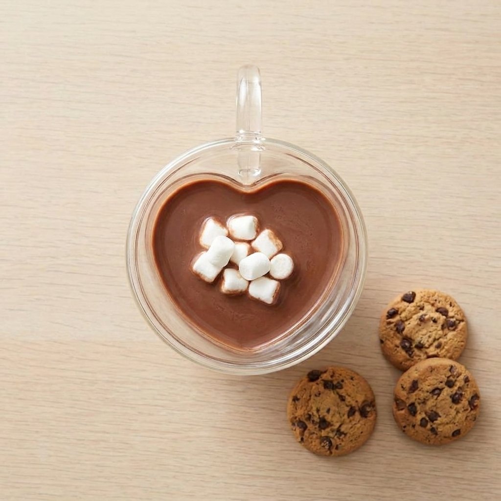 Heart-shaped glass mug filled with hot cocoa and mini marshmallows, shown from overhead beside chocolate-chip cookies