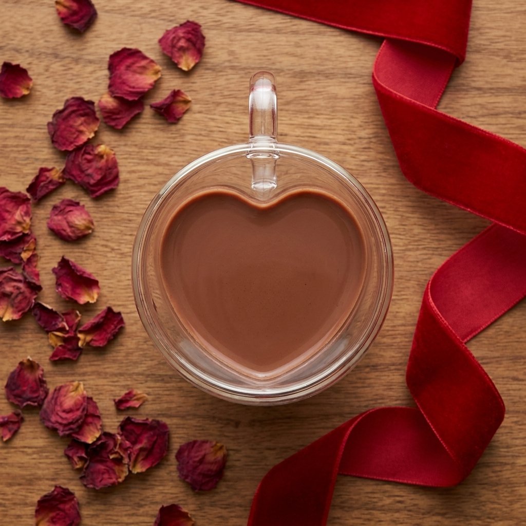 Heart-shaped glass mug filled with hot cocoa, shown from overhead surrounded by dried rose petals and a red velvet ribbon