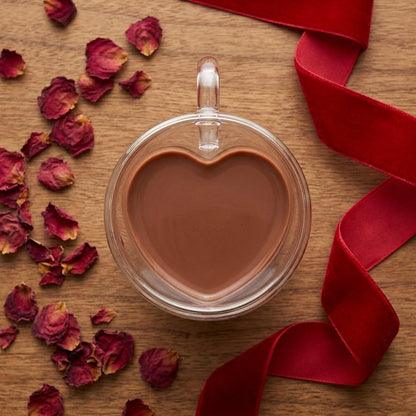Heart-shaped glass mug filled with hot cocoa, shown from overhead surrounded by dried rose petals and a red velvet ribbon