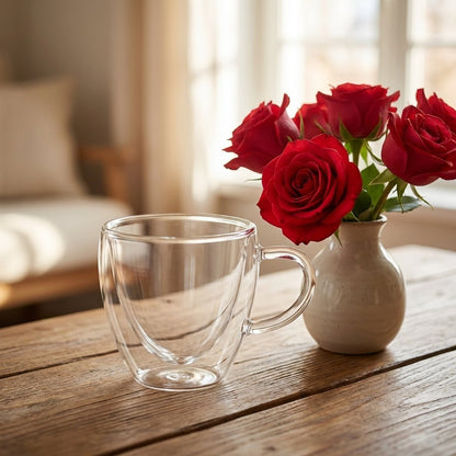 Empty heart-shaped glass mug on a wood table beside a small vase of red roses near a sunlit window