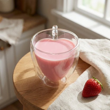 Heart-shaped glass mug filled with pink strawberry milk on a kitchen stool beside a fresh strawberry
