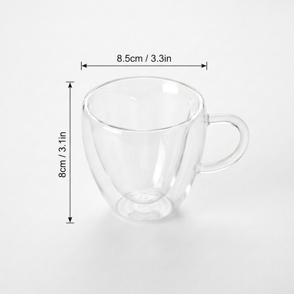 Small heart-shaped glass mug on a plain background with measurements marked: height 3.1 inches, width 3.3 inches