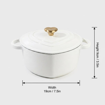 Dimension diagram of the white heart-shaped enamel pot on a plain background, labeled 9cm/3.5in height and 19cm/7.5in width