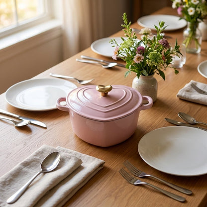 Pink heart-shaped enamel pot with gold heart knob on a wood dining table set with white plates, silverware, linen napkins, and a small vase of wildflowers