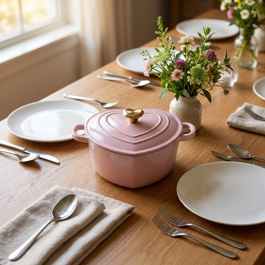 Pink heart-shaped enamel pot with gold heart knob on a wood dining table set with white plates, silverware, linen napkins, and a small vase of wildflowers