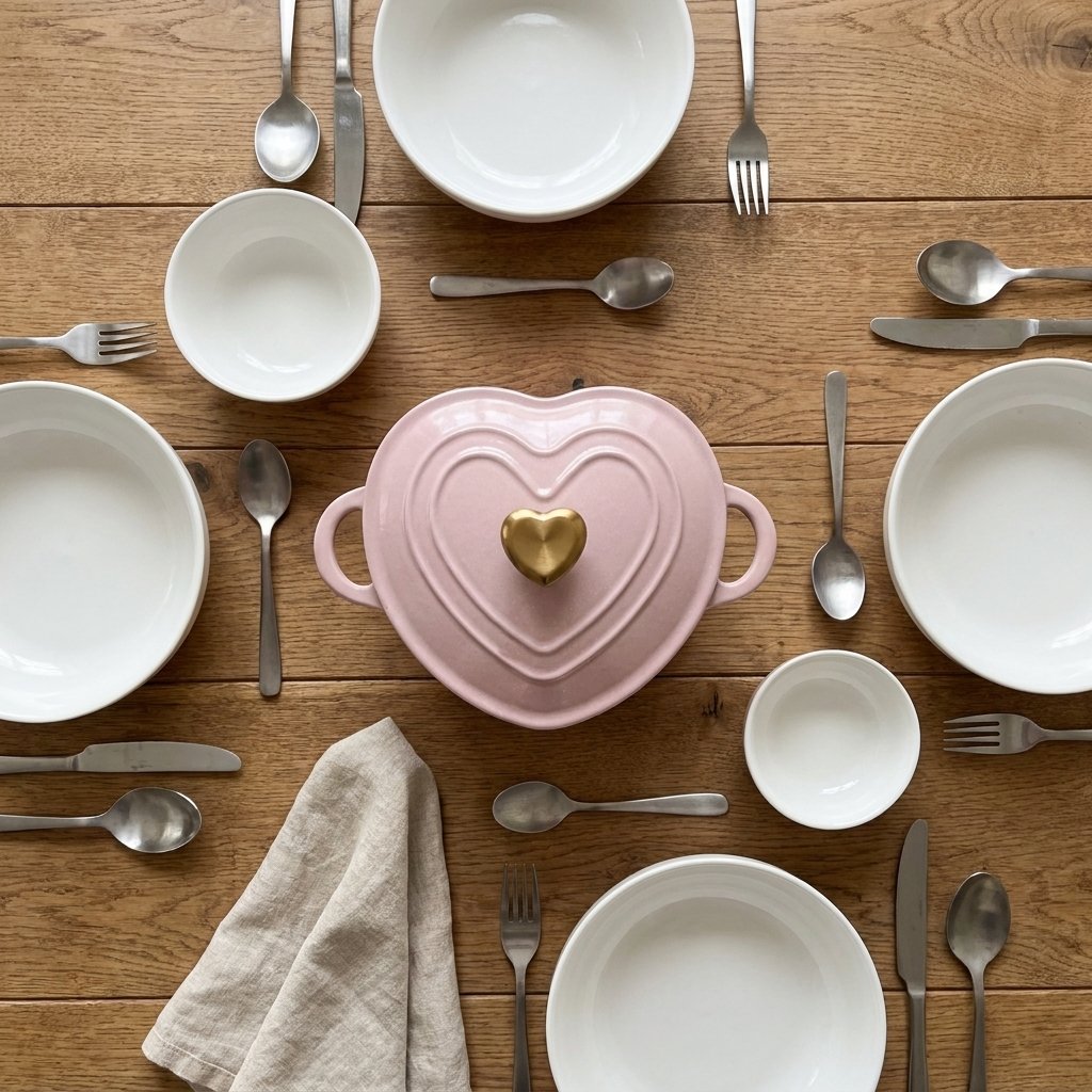 Overhead view of a pink heart-shaped enamel pot with gold heart knob centered among white plates, bowls, and silverware in a symmetrical table setting