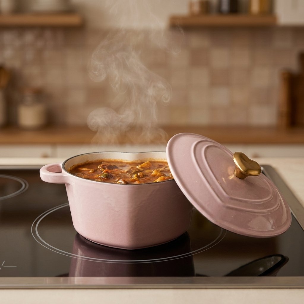 Pink heart-shaped enamel pot filled with stew on an induction stovetop, lid removed and propped against the base, steam rising