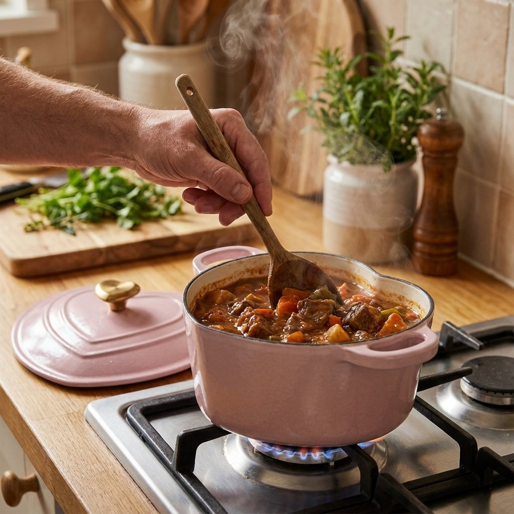Pink heart-shaped enamel pot with beef stew on a gas stovetop over an open flame, lid removed and set beside it, hand stirring with a wooden spoon