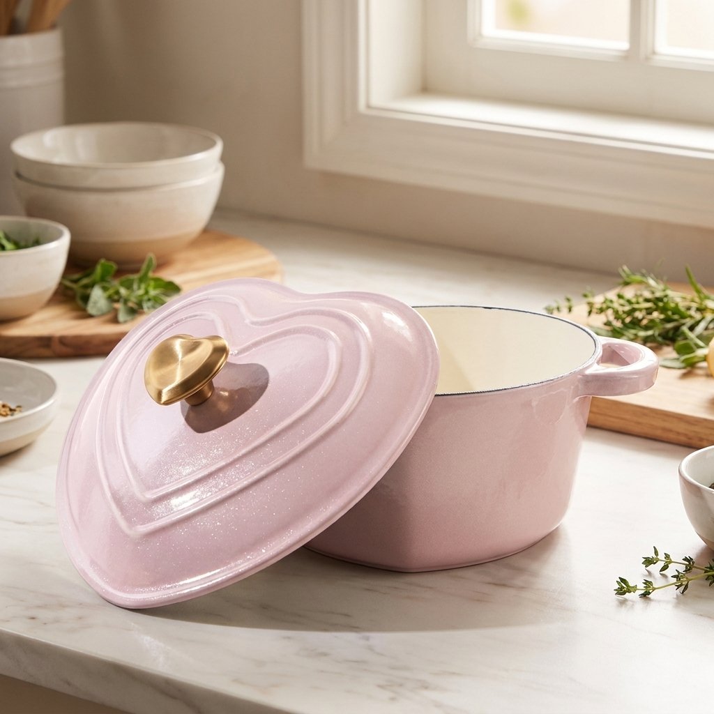Empty pink heart-shaped enamel pot with cream interior on a marble countertop near a window, lid leaning against it, with fresh herbs and bowls nearby