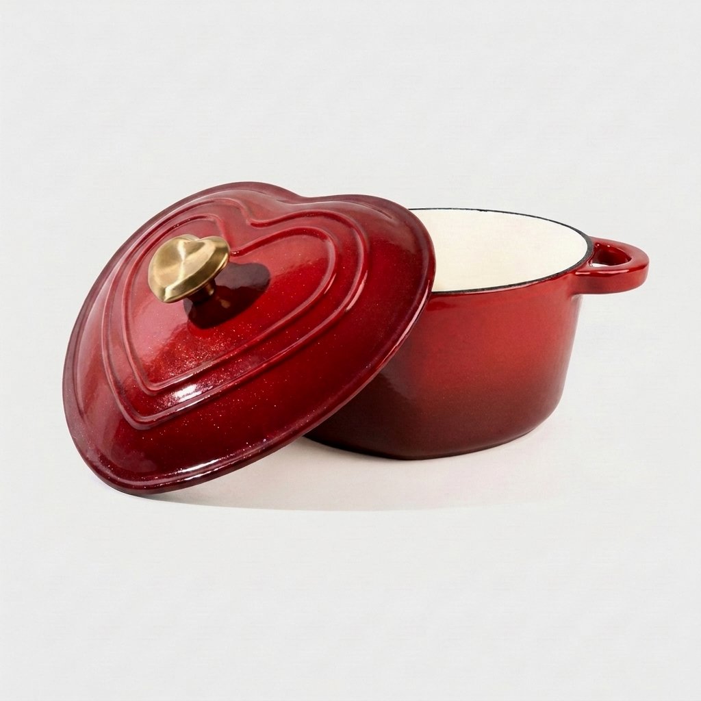 Studio product shot of the red heart-shaped enamel pot on a plain background, lid propped against the empty pot showing the cream interior and gold heart knob