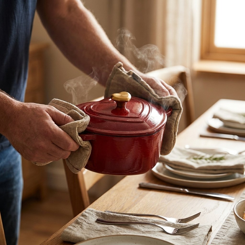Person carrying a red heart-shaped enamel pot to the table using oven mitts on both side handles, steam rising, place settings visible behind