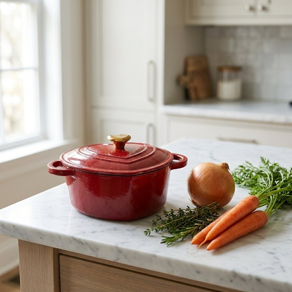 Red heart-shaped enamel pot with gold heart knob on a marble kitchen island beside a whole onion, carrots, and fresh thyme