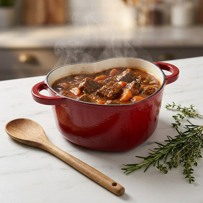 Close-up of a red heart-shaped enamel pot filled with steaming beef stew on a marble counter, with a wooden spoon and fresh rosemary and thyme beside it