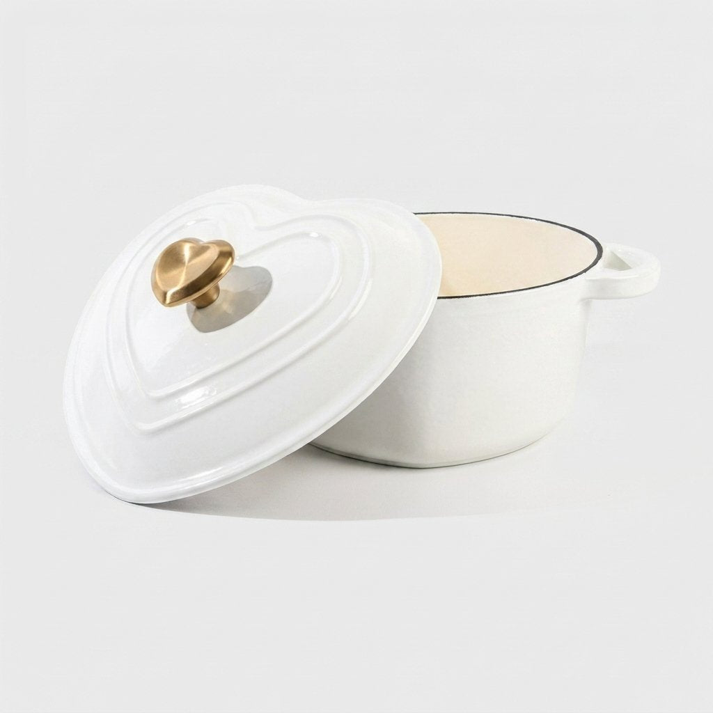 Studio product shot of the white heart-shaped enamel pot on a plain background, lid propped against the empty pot showing the cream interior and gold heart knob