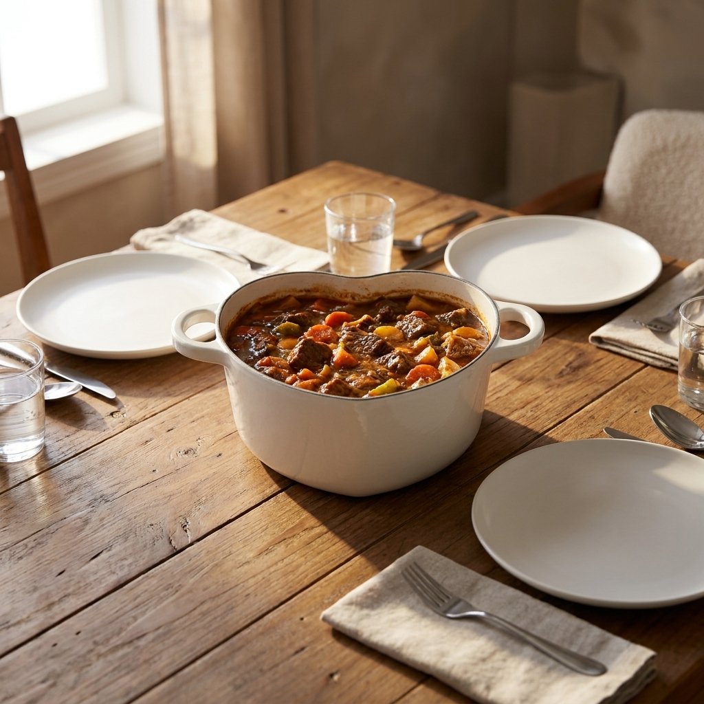 White heart-shaped enamel pot filled with beef stew on a rustic wood dining table set with white plates, water glasses, and linen napkins