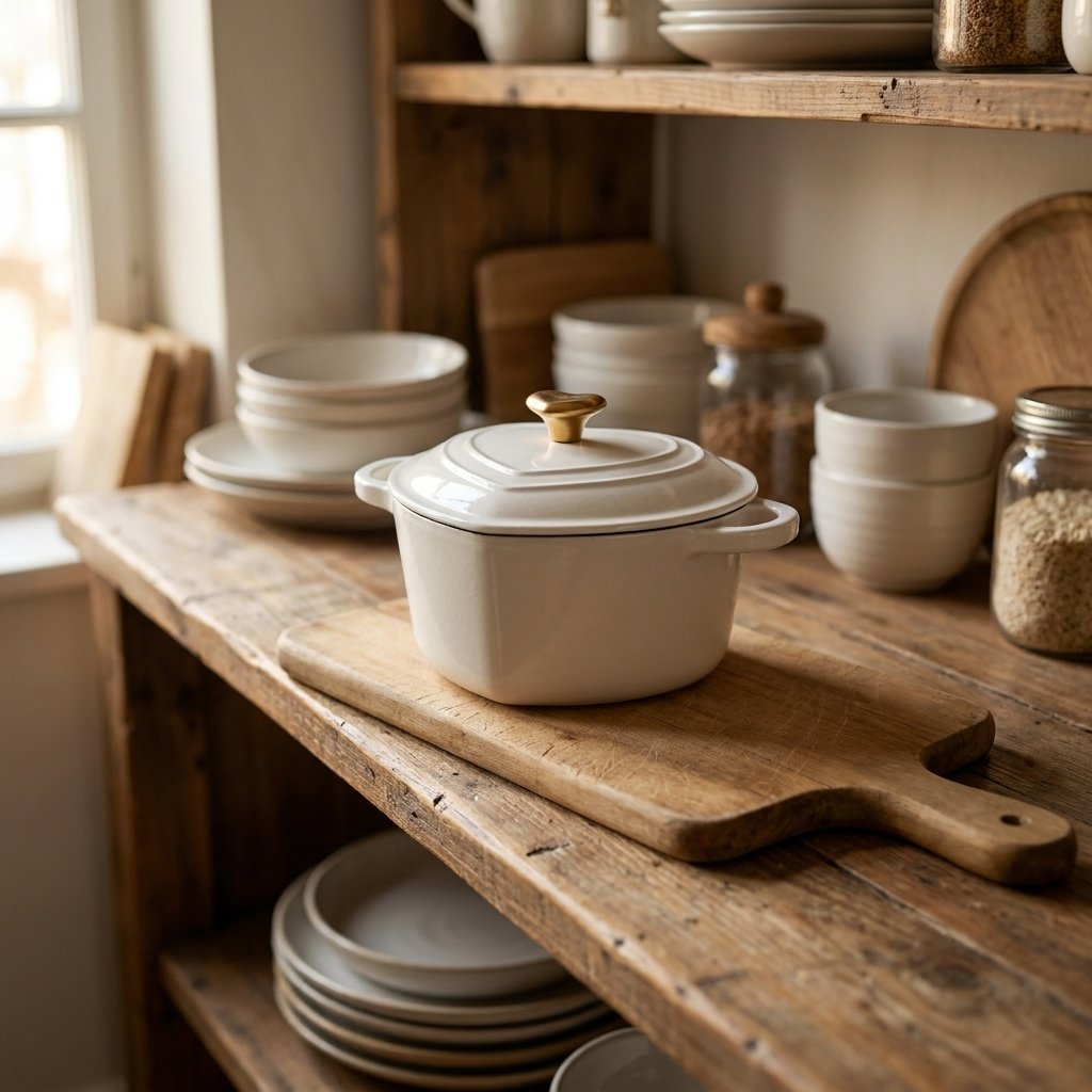 White heart-shaped enamel pot with gold heart knob on a wooden cutting board on a rustic open kitchen shelf, surrounded by stacked bowls and pantry jars