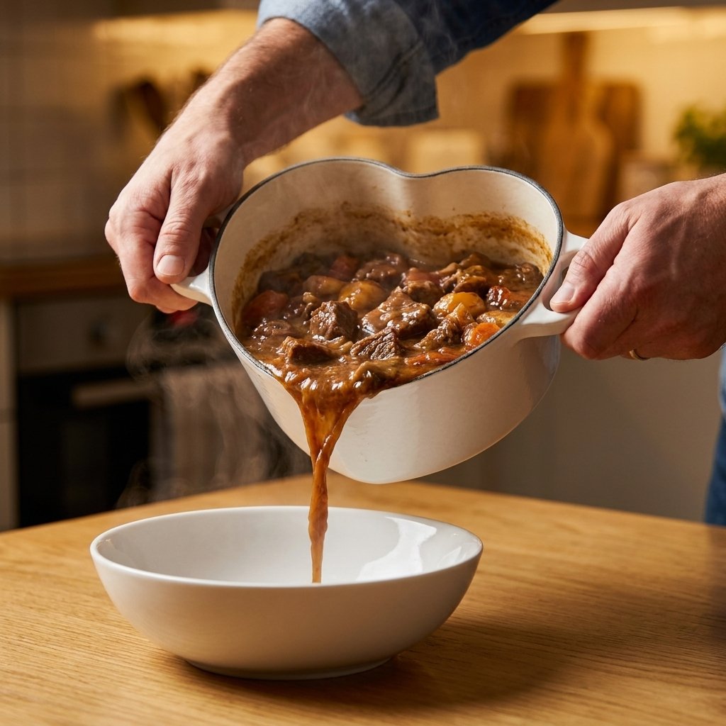 Close-up of stew being poured from a white heart-shaped enamel pot into a white bowl, showing the heart-shaped pour lip