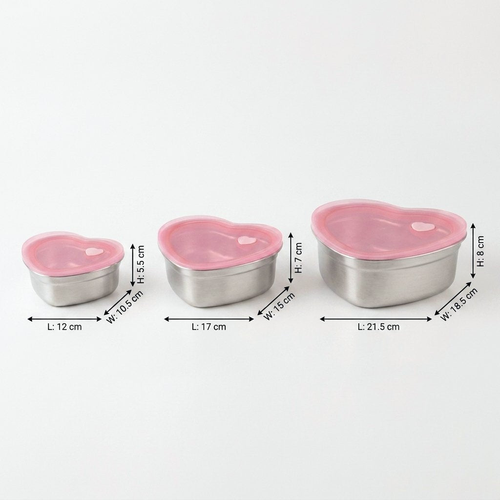Heart-Shaped Stainless Steel Food Containers in three sizes with labeled dimensions: 12 x 10.5 x 5.5 cm, 17 x 15 x 7 cm, and 21.5 x 18.5 x 8 cm