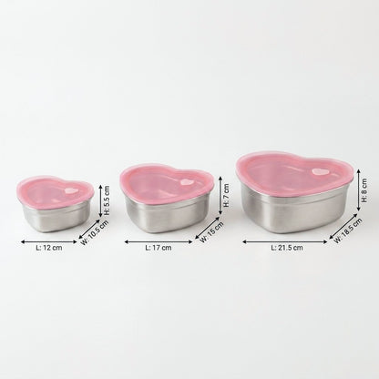 Heart-Shaped Stainless Steel Food Containers in three sizes with labeled dimensions: 12 x 10.5 x 5.5 cm, 17 x 15 x 7 cm, and 21.5 x 18.5 x 8 cm