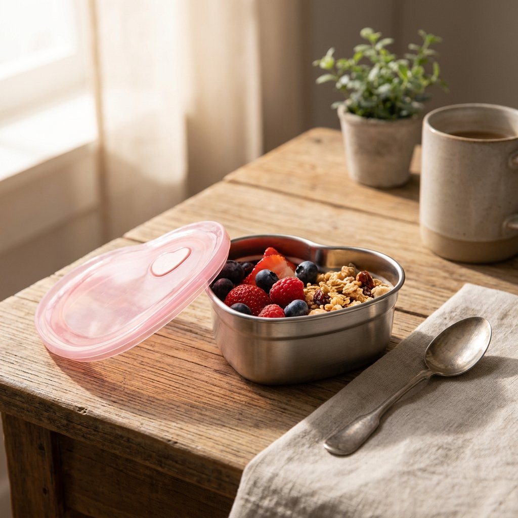 Heart-Shaped Stainless Steel Food Container filled with granola and berries with the lid open beside it on a breakfast table
