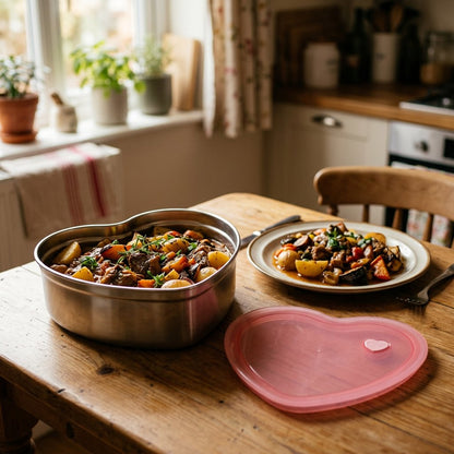Heart-Shaped Stainless Steel Food Container filled with stew and vegetables on a dining table next to a plated meal
