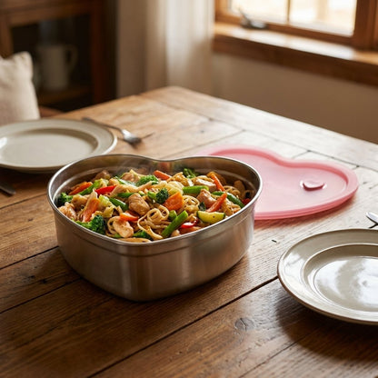 Heart-Shaped Stainless Steel Food Container filled with chicken and vegetable stir-fry on a wood dining table
