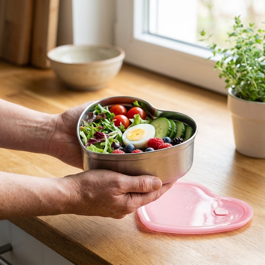 Heart-Shaped Stainless Steel Food Container filled with salad held in two hands near a window